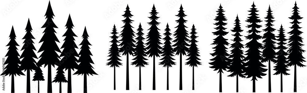 Pine Tree Forest Silhouette Vector Illustration, Fir Trees Icon Set, Evergreen Conifer Woodland Clipart, Black Nature Landscape Graphic, Isolated Winter Tree Design