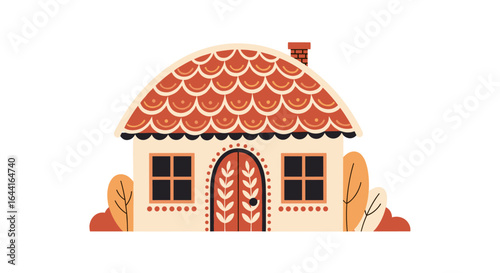 Cozy traditional village dwelling with ornate doorway and tiled roof