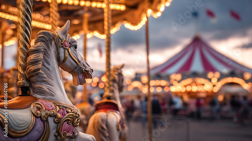 Ornate carousel horse with detailed mane and decorative saddle against a blurred carnival backdrop