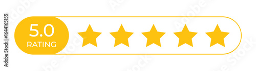 5 star yellow icon. Sign of customers rating for product or service. Goldern five star symbol with text for app, website, mobile design element. Transparent png vector illustration.
