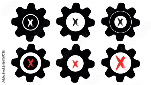 Black cogwheel symbol, concept of unfinished teamwork, set of black gears with red crosses, mechanical technical work, industrial technology sign, worked power sign, gears with unfulfilled work