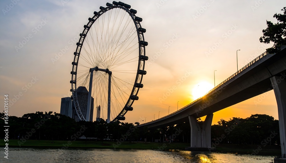 Obraz premium Sunset view of giant Ferris wheel, city skyline, bridge