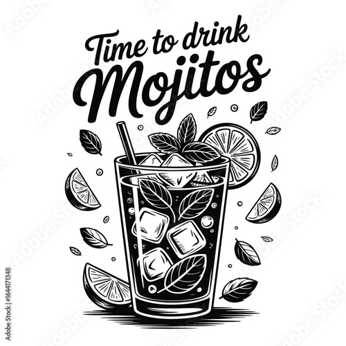 Black and white vector illustration of a mojito cocktail glass with mint, lime slices, and stylized time to drink mojitos text