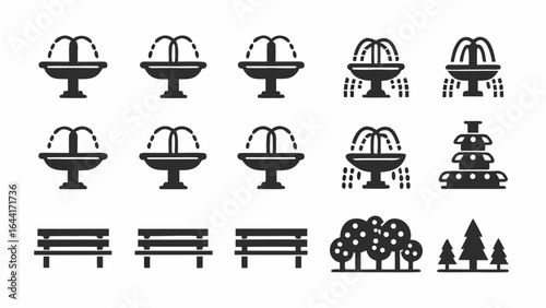 Illustration of park elements including fountains benches and trees in a simple black and white style |  editable eps vectors silhouette