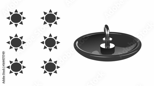 Six sun symbols arranged next to a black bowl with a metal faucet in a simple graphic design |  editable eps vectors silhouette