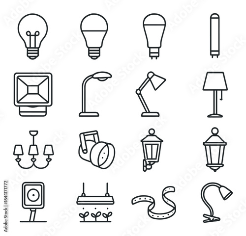 Collection of various lighting fixtures icons on gray background