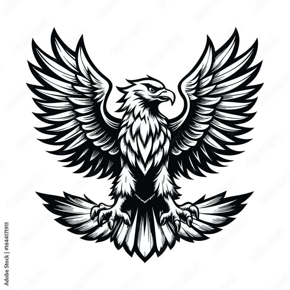 Fototapeta premium Majestic Eagle Vector Fierce Wings Spread | Black & White Symmetrical Bird Illustration for Branding & Merch