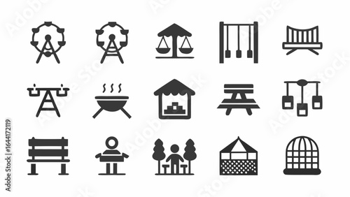 Illustration depicting various park and recreation elements in simple black silhouette style design |  editable eps vectors