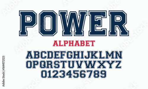 Classic college font. Vintage sport serif font in american style for football, soccer, baseball and basketball. Alphabet and numbers with outline in varsity style
