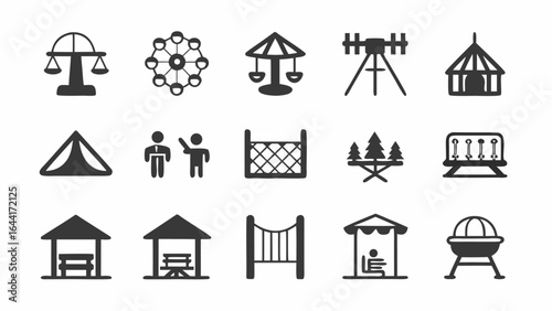 Collection of various park and recreational icons including rides and structures in simple black silhouette |  editable eps vectors
