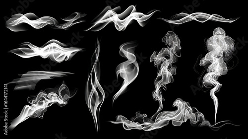 Wispy ethereal smoke plumes and swirls on black background vapor steam