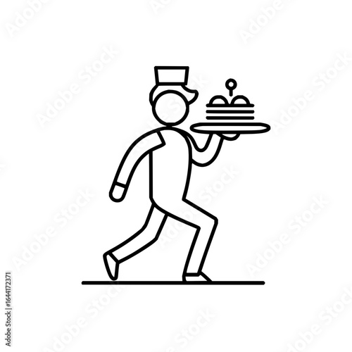 Waiter serving cake dessert food restaurant bakery culinary service uniform vector line drawing icon art 100