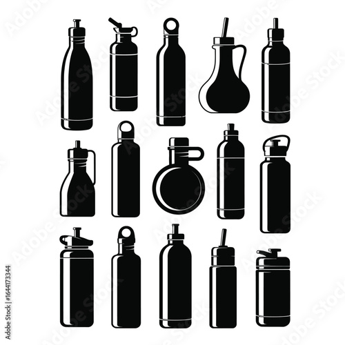 Black and white vector silhouette collection of reusable water bottles and flasks with diverse shapes, some with straws and caps