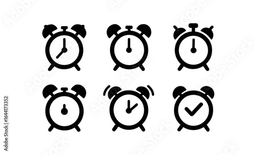 Minimalist black alarm clock silhouettes in various styles