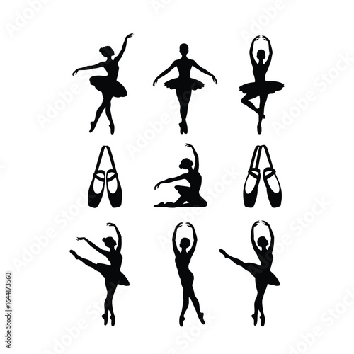 Black and white vector set of elegant ballet dancer silhouettes in various poses with pointe shoes illustration