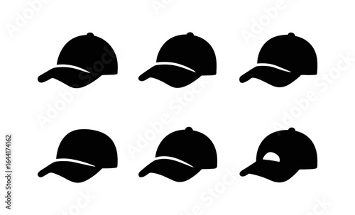 Set of baseball cap silhouettes in various styles on white background