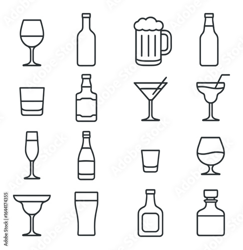 Minimalist outline icons of various alcoholic drinks on gray background