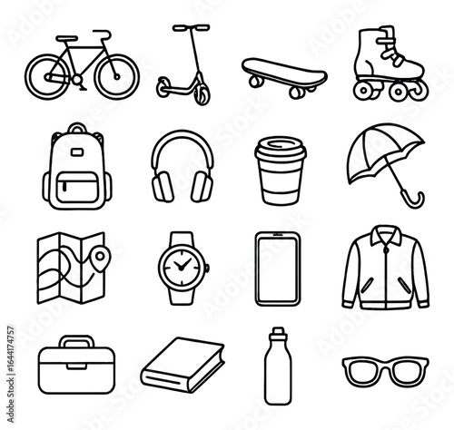 Outline icons of transportation and everyday items