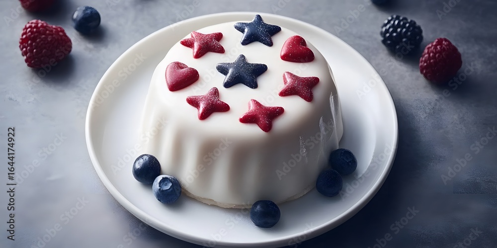 Fototapeta premium Delicious White Chocolate Mousse Cake Decorated with Berries and Stars