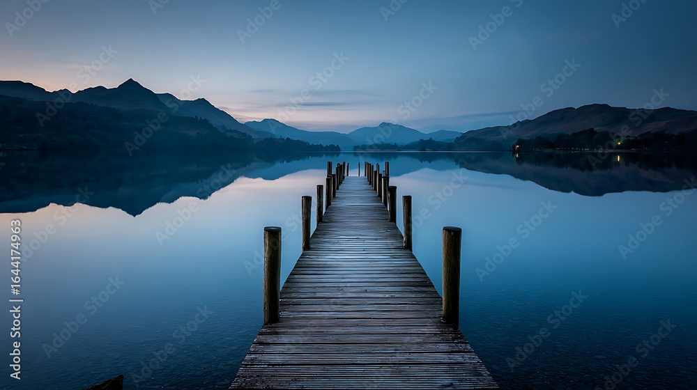 Naklejka premium Serene wooden pier stretching across calm blue water towards misty mountains at twilight calm water