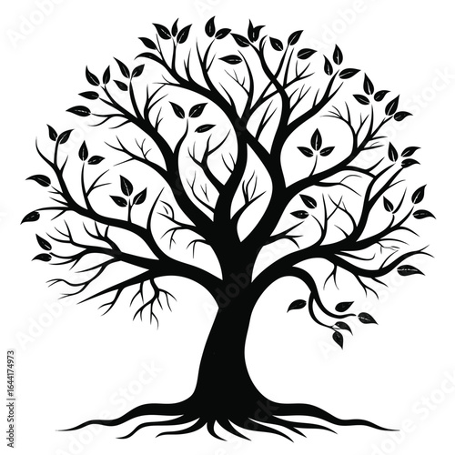 Black silhouette of a mature tree with visible roots and leaves on white background branches