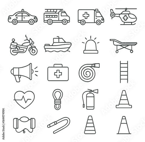 Emergency vehicles and safety equipment icon set for public services