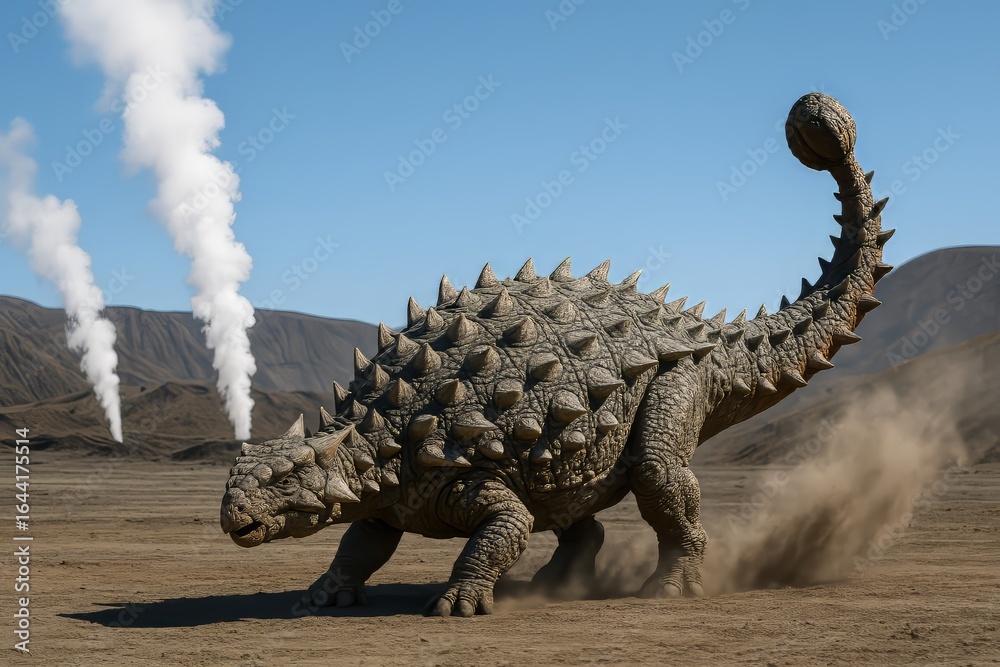 Fototapeta premium Armored ankylosaurus dinosaur in desert with steam vents – perfect for prehistoric theme promo, children history and animal books