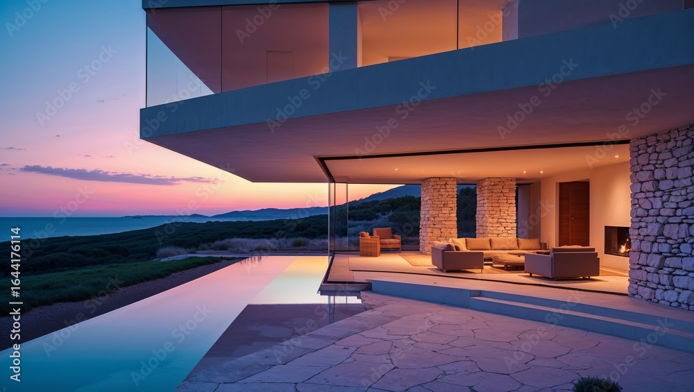 Fototapeta premium Luxury villa with infinity pool overlooking the ocean at sunset with elegant interior