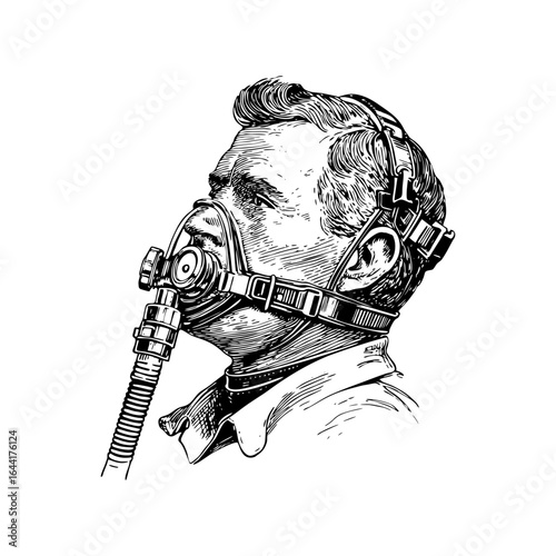 Engraving style illustration of person wearing oxygen mask in black and white on transparent background – for medical posters, emergency manuals, and health education materials