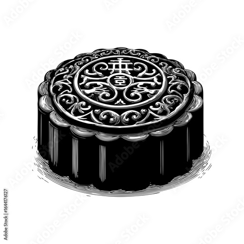 Engraving style illustration of traditional mooncake with intricate design in black and white on transparent background – for Mid-Autumn Festival materials, bakery packaging, and cultural event 