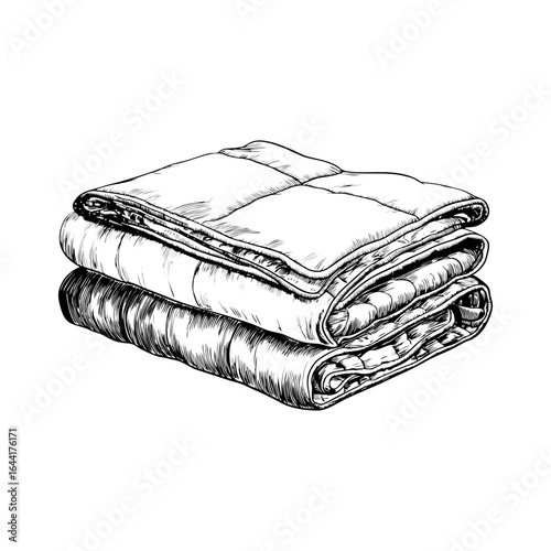 Engraving style illustration of folded weighted blanket in black and white on transparent background – for sleep aid packaging, therapeutic product branding, and home comfort catalogues