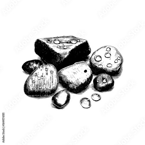 Engraving style illustration of wet stones with dewdrops in black and white on transparent background – for spa graphics, wellness brochures, and nature-themed product design