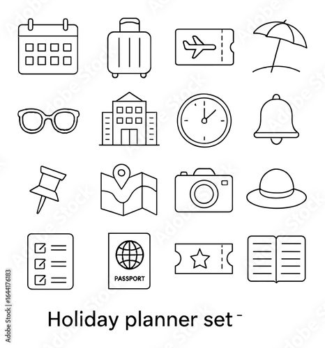 Travel and vacation icon set featuring calendar, luggage, and passport symbols
