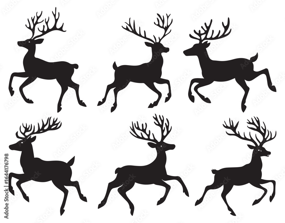 Fototapeta premium Christmas Jumping Reindeer Silhouette Vector Set. Holiday Reindeer Silhouette Set for Seasonal Designs.
