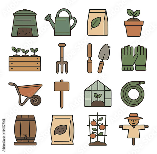 Garden tools icon set: beehive, watering can, plants, tools, greenhouse, scarecrow, hose