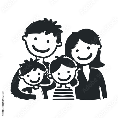 Stick figure family portrait with two children and parents smiling