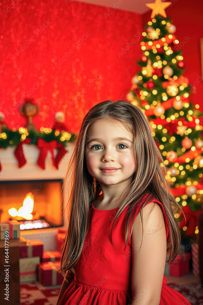 Smiling Girl in Red Dress by Christmas Tree Smiling Girl in Red Dress by Christmas Tree