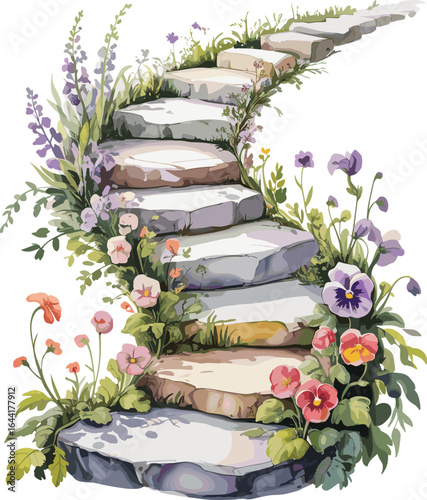 Whimsical Stone Garden Path with Wildflowers, Watercolor Floral Stairs Illustration, Enchanted Nature Trail Art, Cottagecore Outdoor Landscape Design