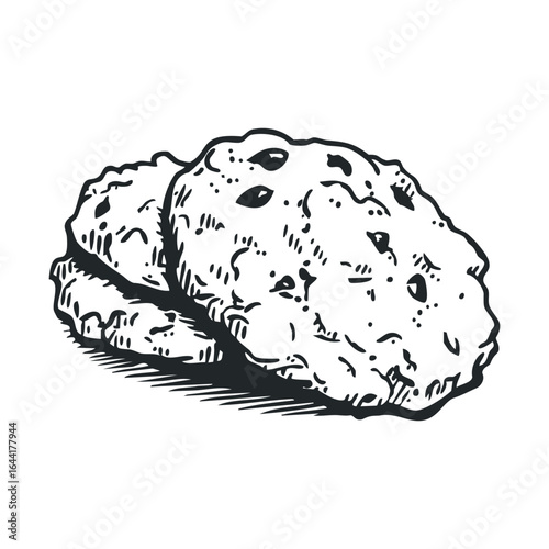 Black and white sketch of two oatmeal raisin cookies on white background