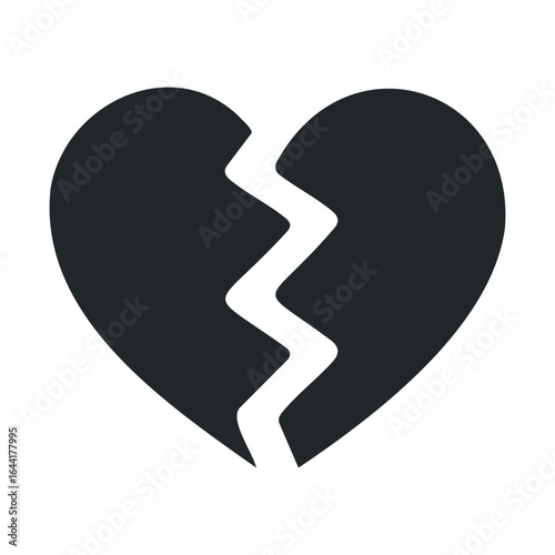 Black broken heart symbol on white background depicting heartbreak and sadness