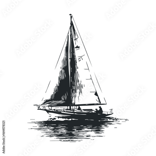 Black and white sketch of a sailboat on water with cloth sail