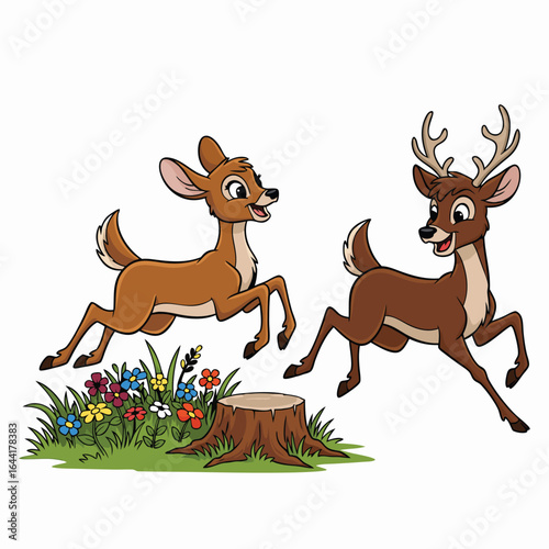 Adorable deer family characters children design cheerful fawn and buck playing in green meadow