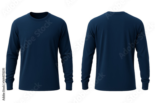 Navy blue long sleeve t-shirt front and back view mockup isolated on transparent background