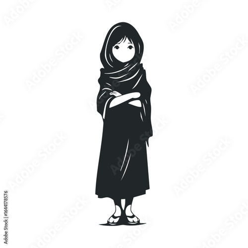 Anime young female character in hooded cloak with pensive expression