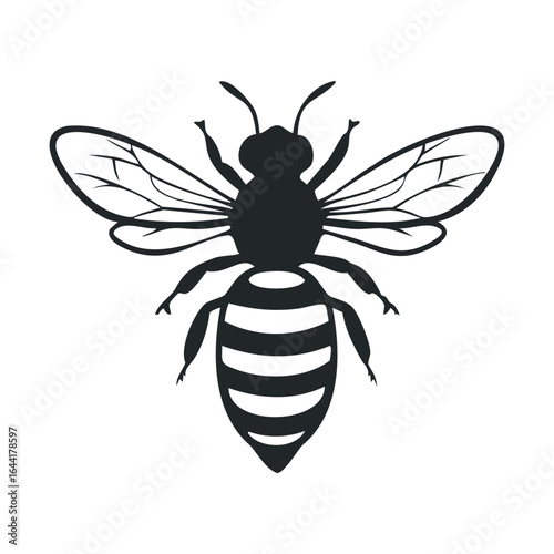 Black and white silhouette of a bee with detailed wings and body, simple insect design