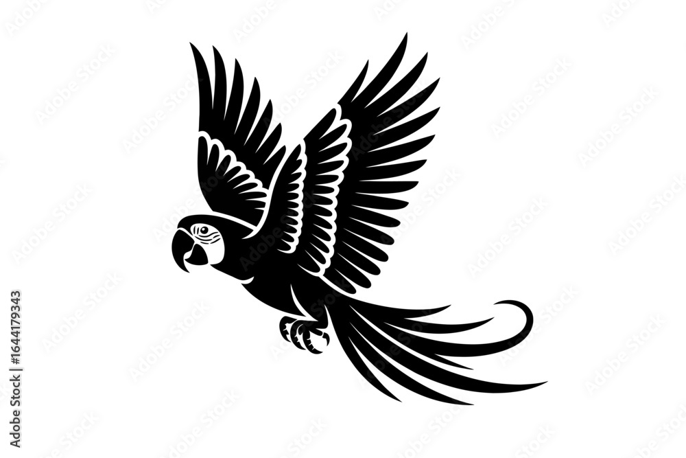 Obraz premium Black silhouette of a macaw parrot in flight with wings spread wide bird flying