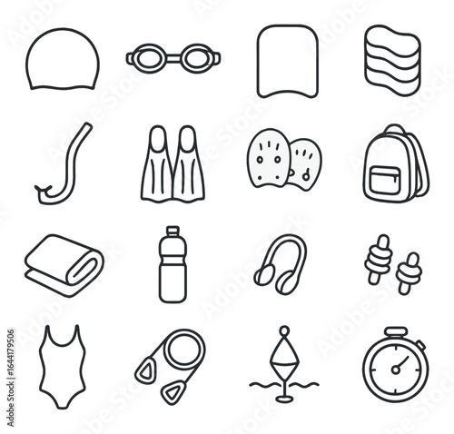 Outline icons of swimming gear: goggles, snorkel, flippers, buoys, stopwatch, water bottle