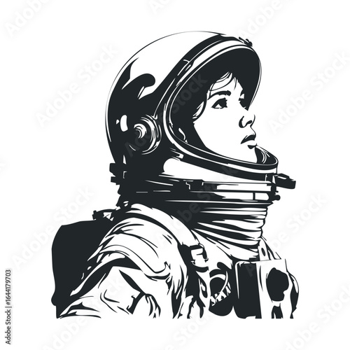 Female astronaut illustration: young caucasian woman in space suit staring into distance