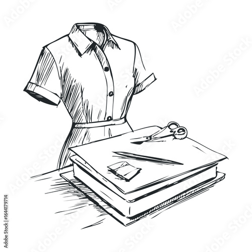 Fashion design concept with female dress form and sewing tools in black and white sketch