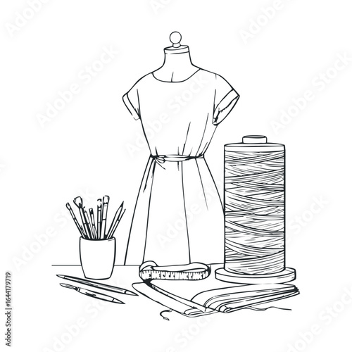 Fashion design tools with dress form and sewing supplies illustration